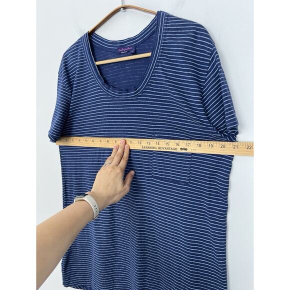 FRESH PRODUCE Women’s L Pinstripe Janey Slub T cotton short sleeve Lagoon Blue - Picture 4 of 9